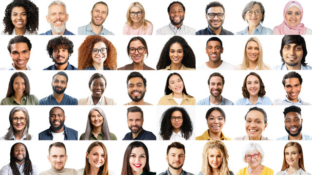 Set of business persons isolated on white. Collage of diverse multiracial team looking at the camera. International employees involved virtual meeting, brainstorming online, take a part in webinar