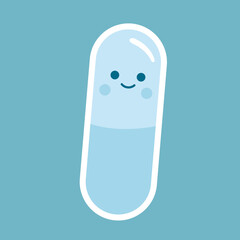 Cute vector pill. Cute happy smiling medicine pill tablet. Vector flat cartoon character illustration icon design. Isolated on blue background