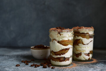 Delidious italian dessert - tiramisu with strawberry and chocolate.