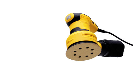 bottom view of yellow orbital sander isolated white background