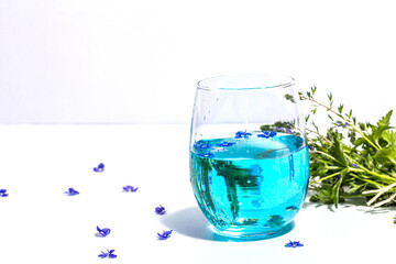Cold tonic water and blue forget me not flowers bouquet on trendy stand isolated on white background
