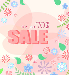 Summer Sale up to 70% on pink watercolor background with flowers