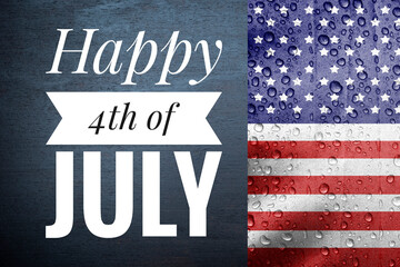 Happy 4th July banner on black background with USA flag, independence day concept background