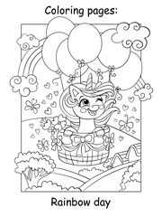 Cute unicorn flying on air balloons coloring book page