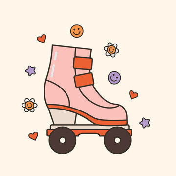 recommend clip art: Vector illustration of cute 80s, 90s roller skate. Cartoon shoe on wheels with hearts and smiling faces. Vintage sport activity element. Trendy oldschool icon