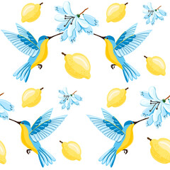 Tropical seamless pattern with yellow lemons and hummingbird on the pink background. Fruit repeated background. Vector bright print for fabric brands packaging wallpaper.