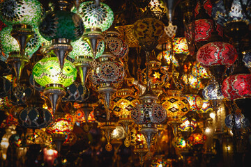 A lot of different oriental light lamps, Turkish background.