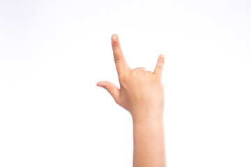 Bulls horn, rock'n'roll, Child hand isolated on white