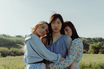 THREE HAPPY GIRLS EMBRACED IN THE COUNTRYSIDE. 