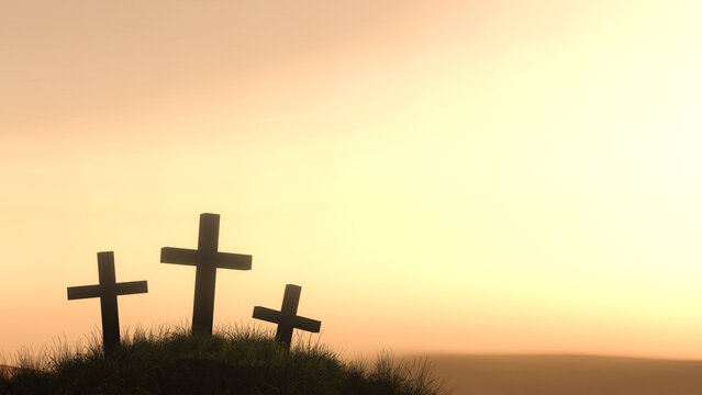 Three crosses on hill before a sunrise sunset sky. Illustration