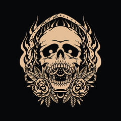 black rose skull tattoo vector design