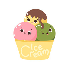 Cute vector character popsicles in a cup. Cold dessert. Summer sweetness. Letering Ice Cream. Isolated on white background