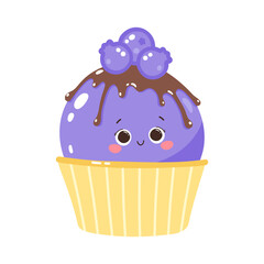 Cute vector character fruity blueberry ice cream in a cup. Cold dessert. Summer sweetness. Isolated on white background