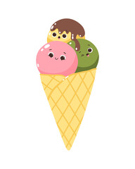 Cute vector character multicolored popsicles in cone. Cold dessert ice cream. Summer sweetness. Isolated on white background