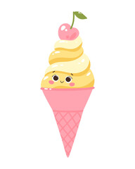 Cute vector character popsicles with cherries in cone. Cold dessert ice cream. Summer sweetness.Isolated on white background