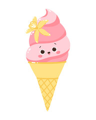 Cute vector character popsicles with vanilla flower in cone. Cold dessert ice cream. Summer sweetness. Isolated on white background