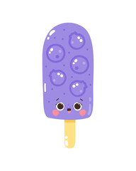 Cute vector character blueberry ice cream on a stick. Cold dessert. Summer sweetness. Isolated on white background