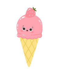 Cute vector character popsicles with strawberries in a cone. Cold dessert ice cream. Summer sweetness. Isolated on white background