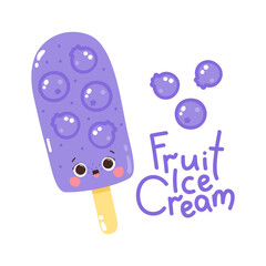 Cute vector character blueberry popsicle on a stick. Cold dessert. Summer sweetness. Lettering Fruit ice cream. Isolated on white background