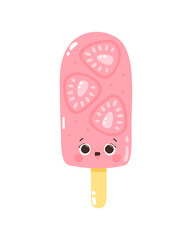 Cute vector character strawberry ice cream on a stick. Cold dessert. Summer sweetness. Isolated on white background