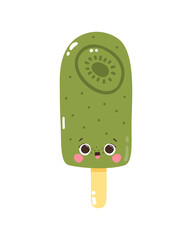 Cute vector character kiwi ice cream on a stick. Cold dessert. Summer sweetness. Isolated on white background
