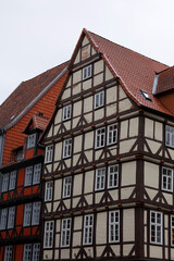 An old German building. The traditional design of the facade of the house of Central Europe of the past centuries