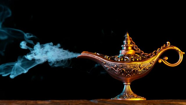 Super Slow Motion of Antique Oriental Aladdin Arabian lamp with Soft Light Smoke. Lamp of Wishes