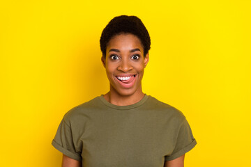 Photo of positive funky person tongue lick teeth toothy smile isolated on yellow color background - obrazy, fototapety, plakaty