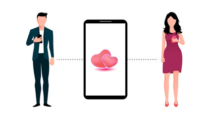 Online dating app couple matched flat character vector illustration with heart object in smartphone - obrazy, fototapety, plakaty