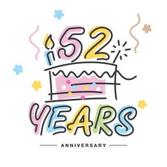 59 Years Anniversary handwritten typography lettering Greeting card with colorful big cake, sparkle firework, number, candle and confetti