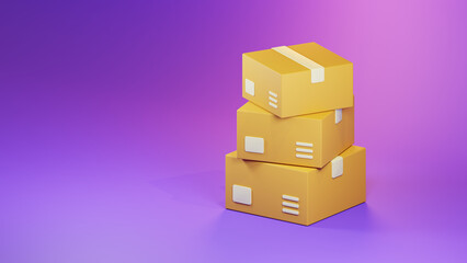 Obraz premium 3d render cardboard box stack isolated on purple background illustration. Warehouse and package delivery concept.