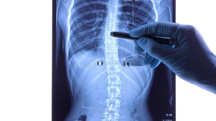 Doctor analyzing X ray of the spine showing scoliosis in the lumbar area. Scoliosis is an abnormal lateral curvature of the spine. Dolly shot 4k
