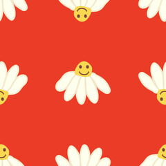 Chamomile smile 1970 pattern. Groovy daisy retro seamless pattern