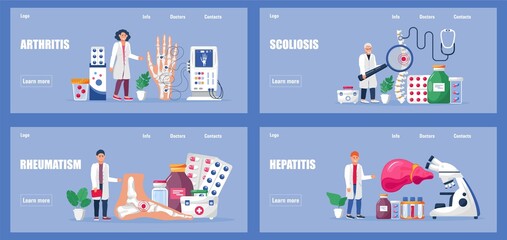 Scoliosis, rheumatism, hepatitis vector set for medical sites, applications. Rheumatoid arthritis of the hand. - obrazy, fototapety, plakaty