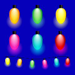 Set of colorful christmas light bulbs with cord on isolated blue background