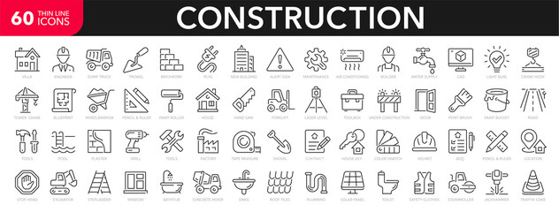 Fototapeta Construction line icons set. Home repair tools outline icons collection. Construction tools, builders and equipment symbols. Builder, crane, engineering, equipment, helmet, tool, house - stock vector. obraz
