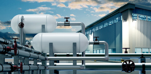 Chemical industry. Industrial equipment for chemical production. Steel pipes and white containers....