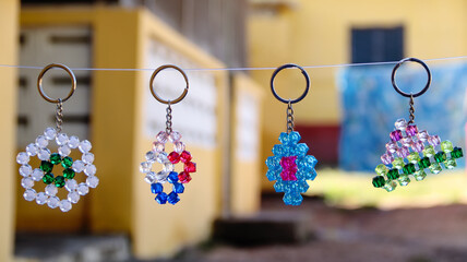 Colourful beaded keyholder lined up