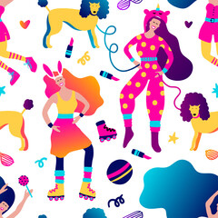 Kidult prank pajama party 80s human vector seamless pattern. Cartoon illustration