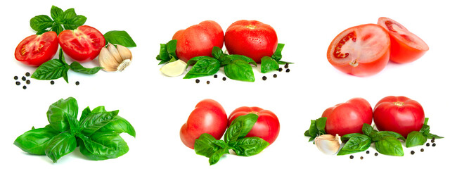 Collection of tomatoes, basil, garlic, black pepper isolated on white background. Set of tomatoes with spices