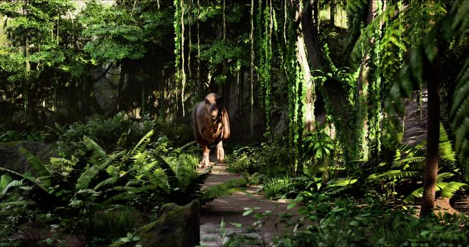 Two tyrannosauruses meet each other in the jungle. T-rex is out on the hunt. 3d rendering