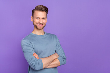 Fototapeta premium Photo of cute brown hairdo guy crossed arms wear trend cloth isolated on purple color background
