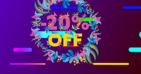 Image of 20 percent off text with floral pattern and glowing neon lines on purple background
