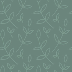 hand drawn branches with leaves seamless pattern botanical green background.