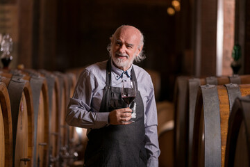 Caucasian senior graybeard winemaker tasting red wine to ascertain their quality and flavor,...