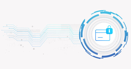 Image of network of connections and credit card with padlock on white background