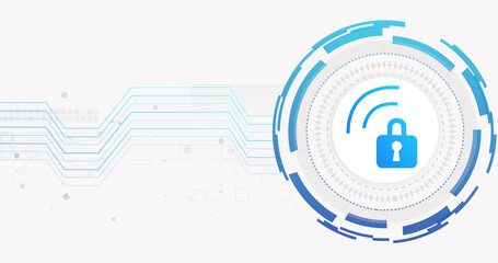 Image of network of connections and padlock on white background