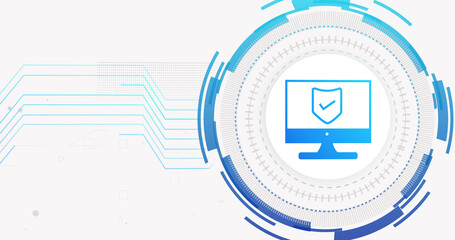 Image of network of connections and computer with shield on white background