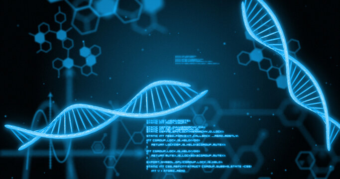 Image of dna strand and data processing on black background