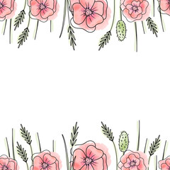 Hand-drawn vector border with meadow flowers. Vector illustrations in line art style. Outline vector graphic